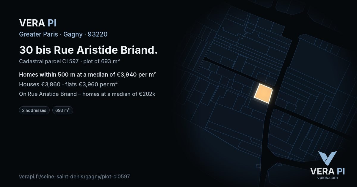 30 bis Rue Aristide Briand, Gagny at night – the plot lit, the parcels around coloured by the prices near them