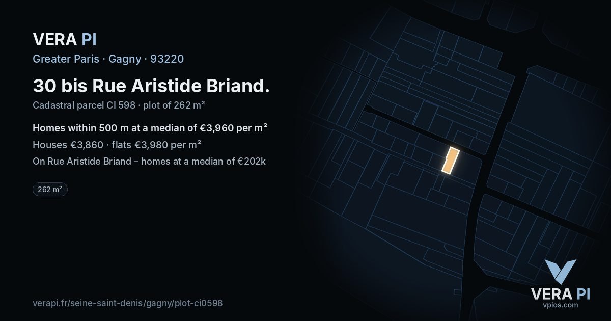 30 bis Rue Aristide Briand, Gagny at night – the plot lit, the parcels around coloured by the prices near them