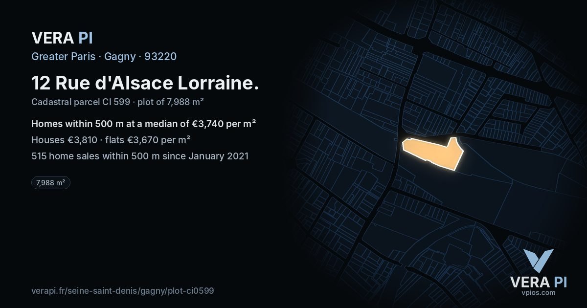 12 Rue d'Alsace Lorraine, Gagny at night – the plot lit, the parcels around coloured by the prices near them