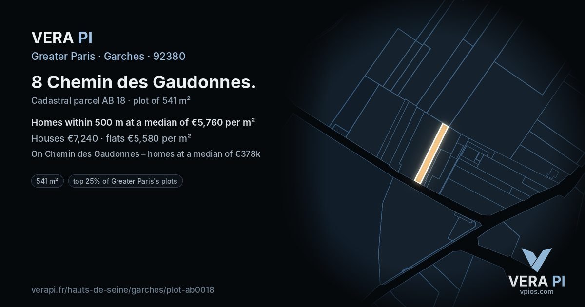 8 Chemin des Gaudonnes, Garches at night – the plot lit, the parcels around coloured by the prices near them
