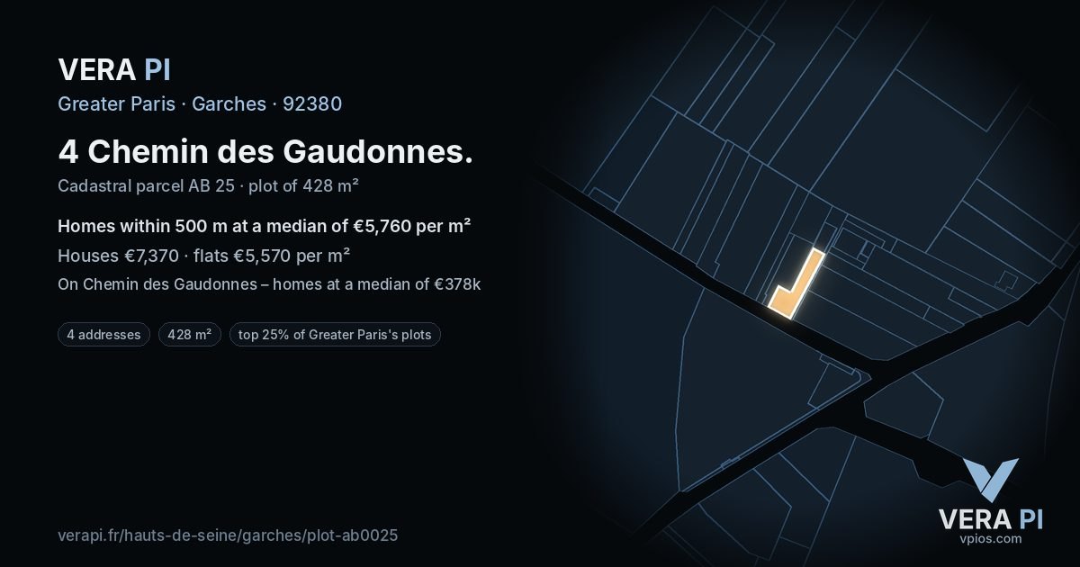 4 Chemin des Gaudonnes, Garches at night – the plot lit, the parcels around coloured by the prices near them