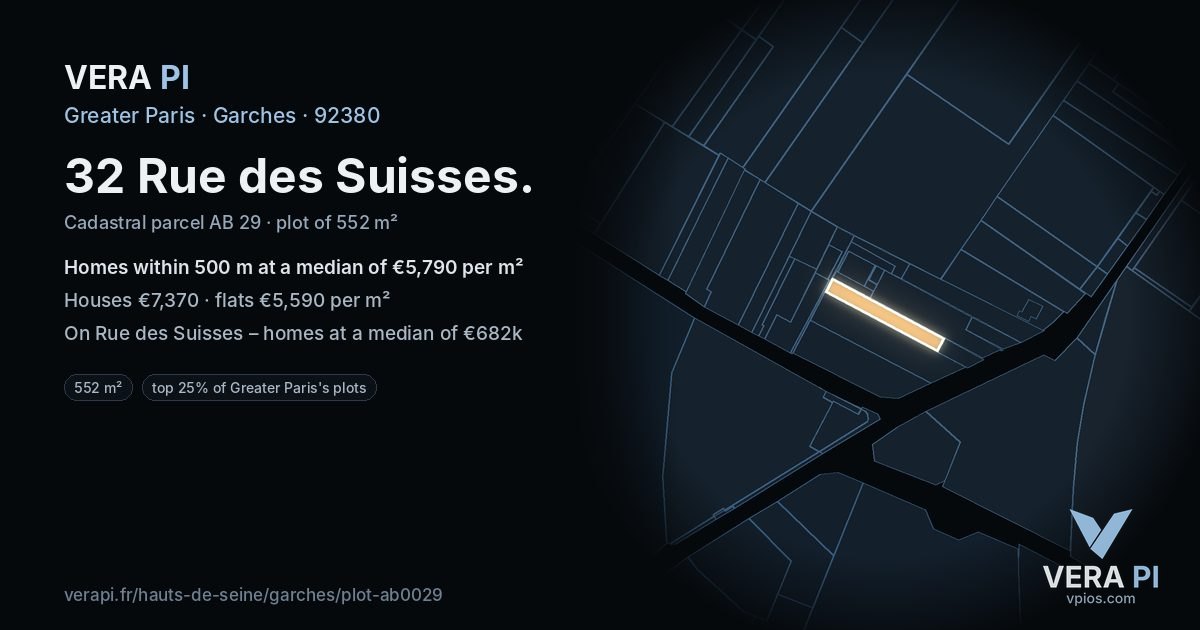 32 Rue des Suisses, Garches at night – the plot lit, the parcels around coloured by the prices near them