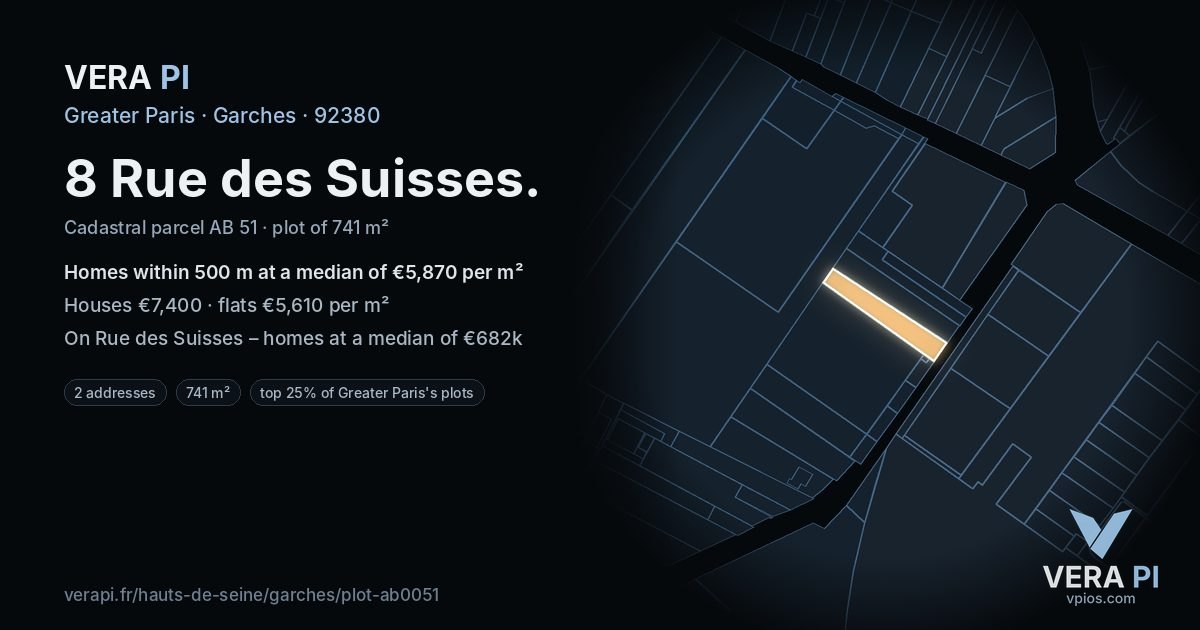 8 Rue des Suisses, Garches at night – the plot lit, the parcels around coloured by the prices near them