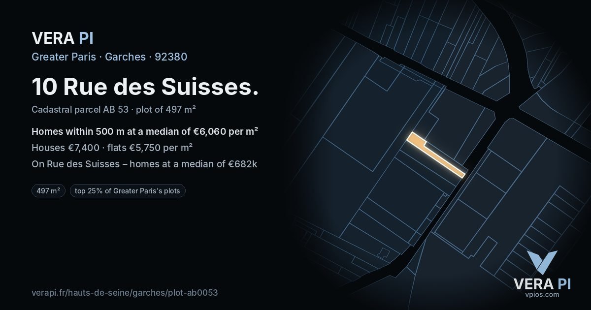10 Rue des Suisses, Garches at night – the plot lit, the parcels around coloured by the prices near them