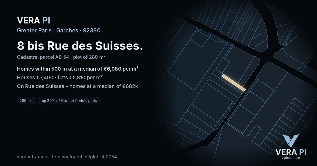 8 bis Rue des Suisses, Garches at night – the plot lit, the parcels around coloured by the prices near them