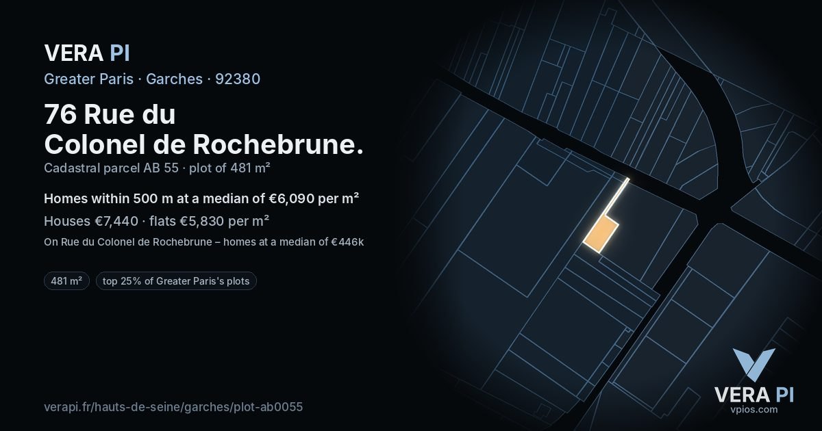 76 Rue du Colonel de Rochebrune, Garches at night – the plot lit, the parcels around coloured by the prices near them