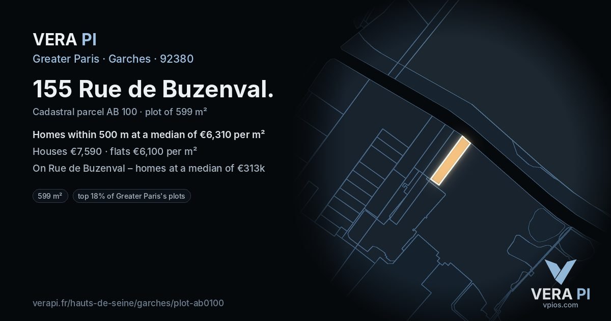 155 Rue de Buzenval, Garches at night – the plot lit, the parcels around coloured by the prices near them