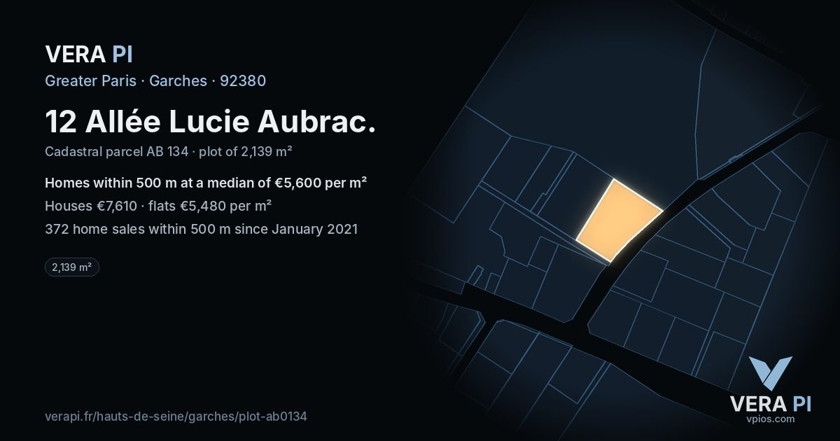 12 Allée Lucie Aubrac, Garches at night – the plot lit, the parcels around coloured by the prices near them