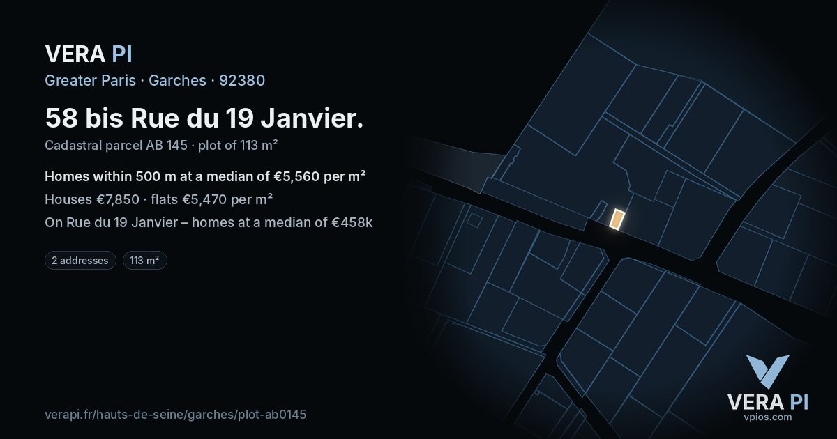 58 bis Rue du 19 Janvier, Garches at night – the plot lit, the parcels around coloured by the prices near them