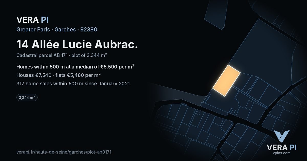 14 Allée Lucie Aubrac, Garches at night – the plot lit, the parcels around coloured by the prices near them