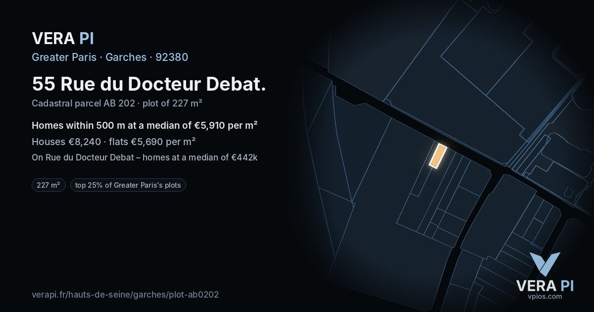 55 Rue du Docteur Debat, Garches at night – the plot lit, the parcels around coloured by the prices near them