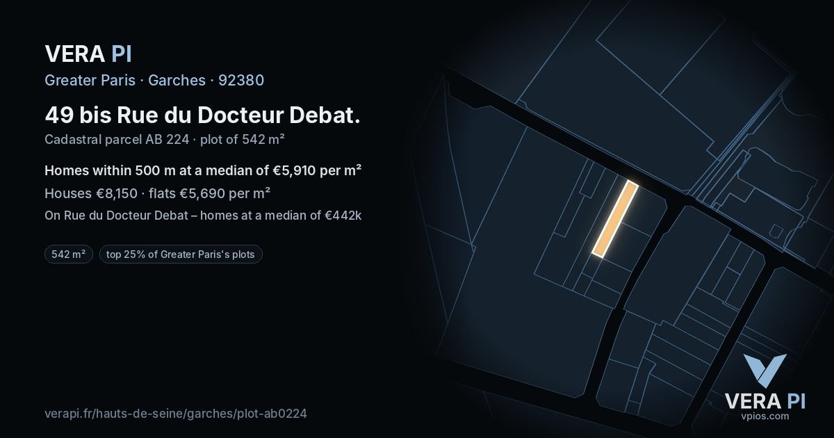 49 bis Rue du Docteur Debat, Garches at night – the plot lit, the parcels around coloured by the prices near them