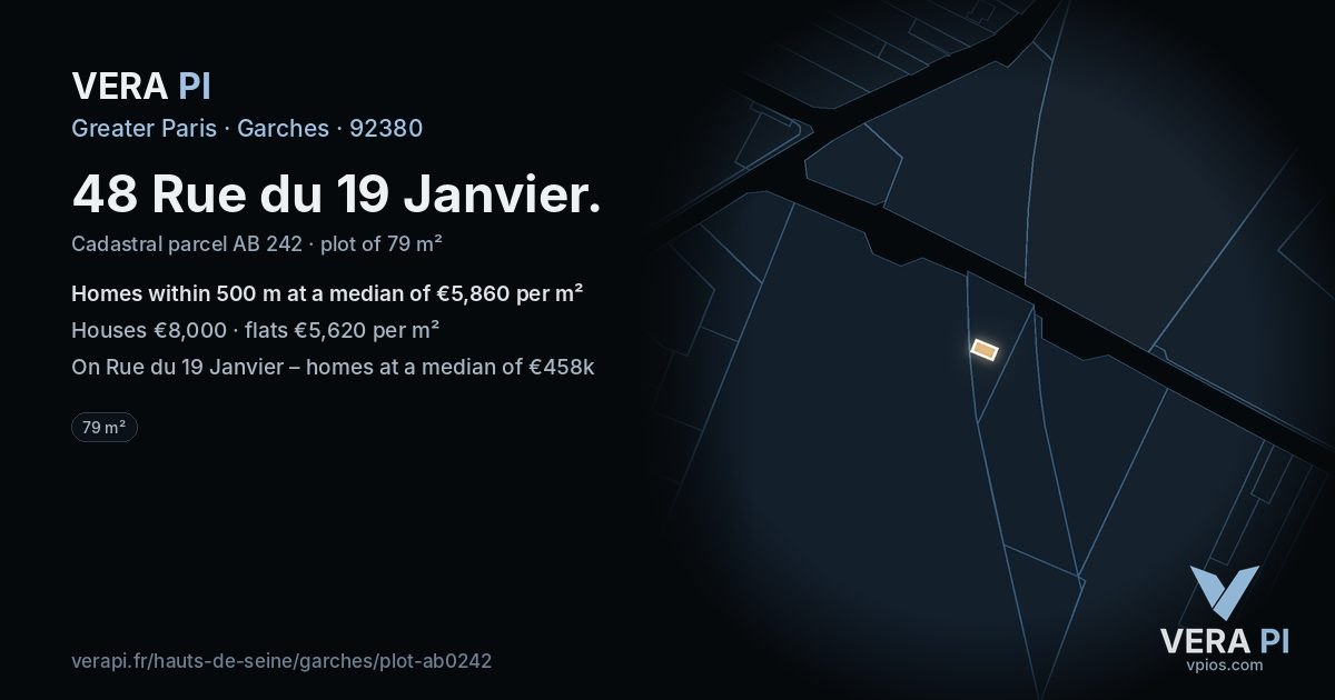48 Rue du 19 Janvier, Garches at night – the plot lit, the parcels around coloured by the prices near them