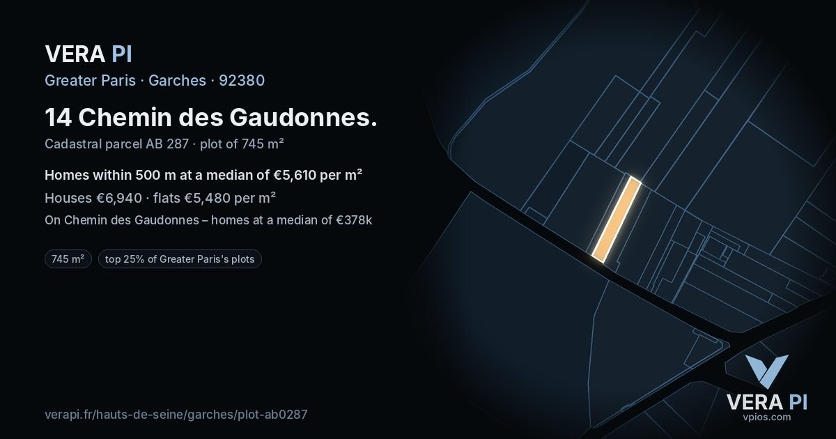 14 Chemin des Gaudonnes, Garches at night – the plot lit, the parcels around coloured by the prices near them
