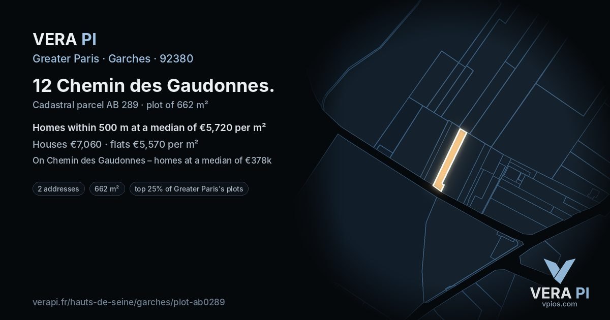 12 Chemin des Gaudonnes, Garches at night – the plot lit, the parcels around coloured by the prices near them