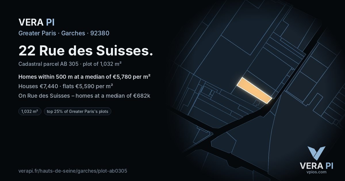 22 Rue des Suisses, Garches at night – the plot lit, the parcels around coloured by the prices near them
