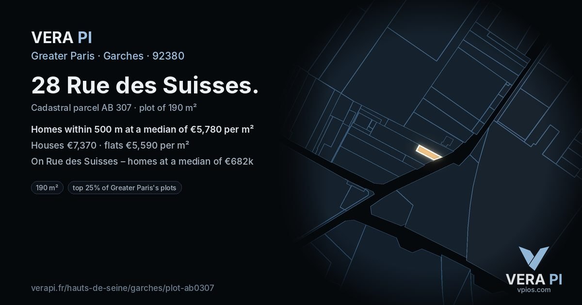 28 Rue des Suisses, Garches at night – the plot lit, the parcels around coloured by the prices near them