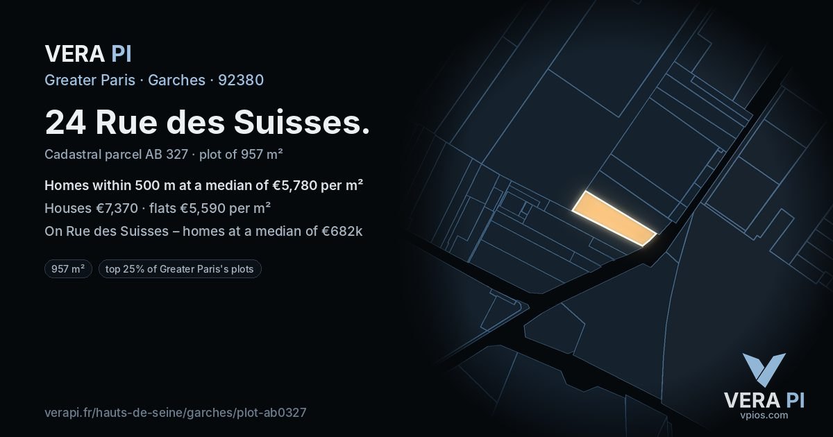 24 Rue des Suisses, Garches at night – the plot lit, the parcels around coloured by the prices near them