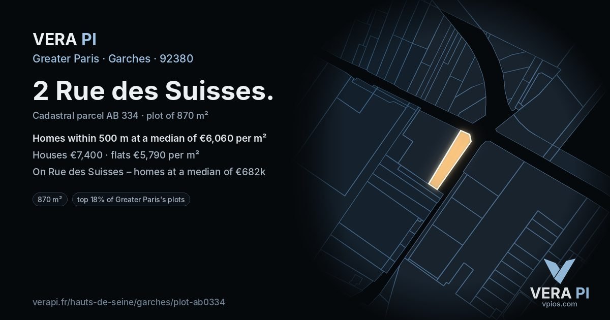 2 Rue des Suisses, Garches at night – the plot lit, the parcels around coloured by the prices near them