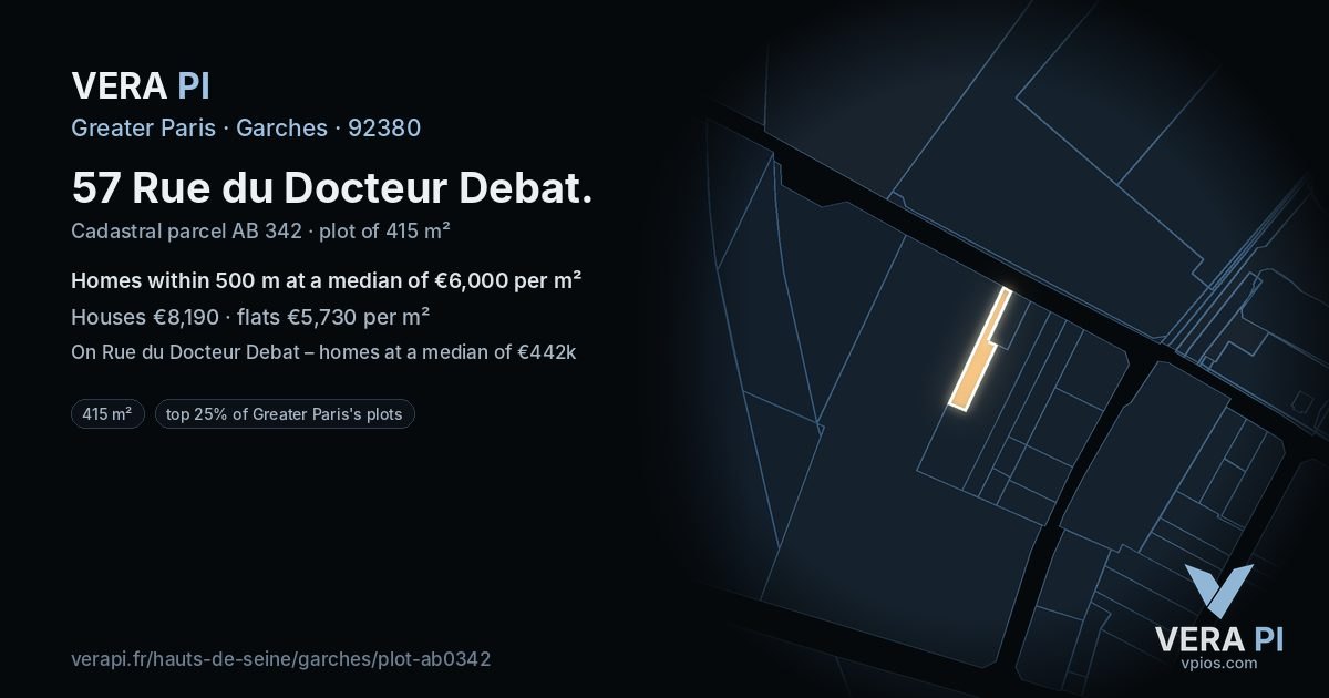 57 Rue du Docteur Debat, Garches at night – the plot lit, the parcels around coloured by the prices near them