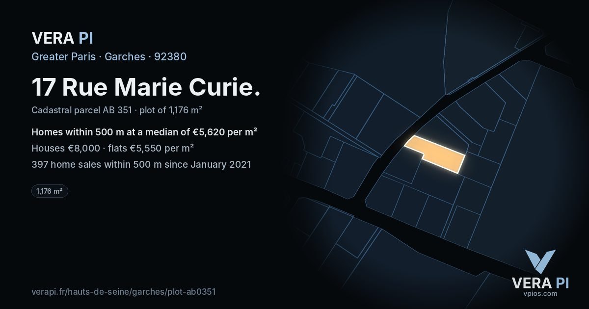 17 Rue Marie Curie, Garches at night – the plot lit, the parcels around coloured by the prices near them