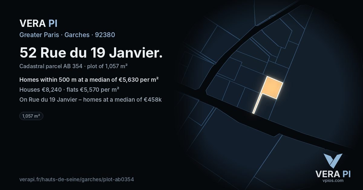 52 Rue du 19 Janvier, Garches at night – the plot lit, the parcels around coloured by the prices near them