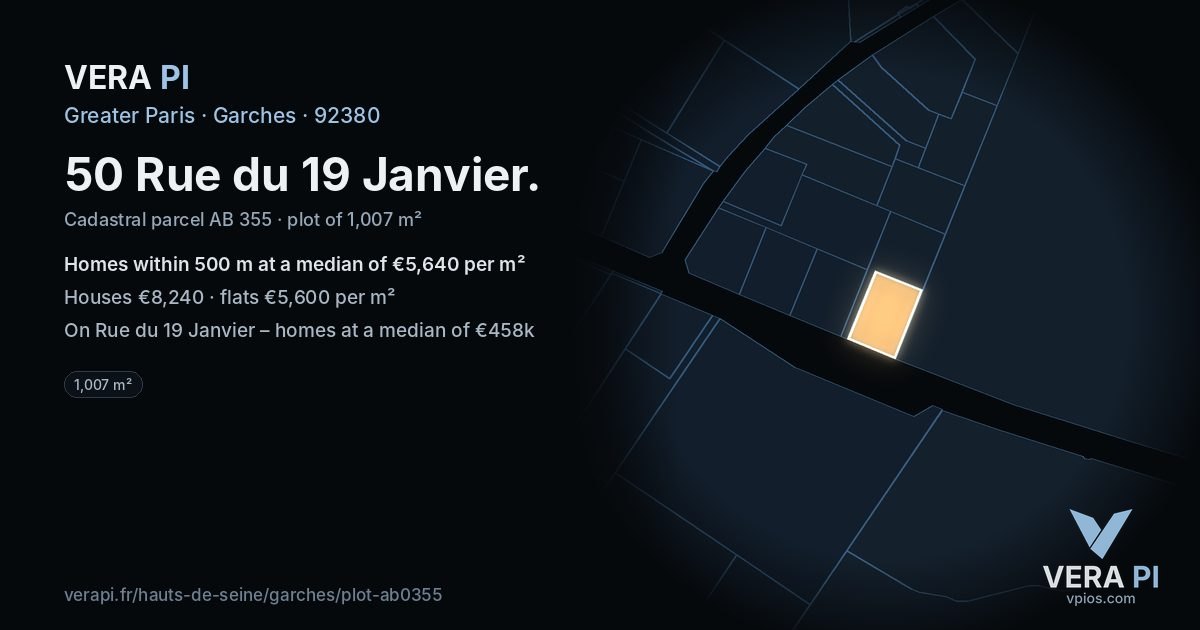 50 Rue du 19 Janvier, Garches at night – the plot lit, the parcels around coloured by the prices near them