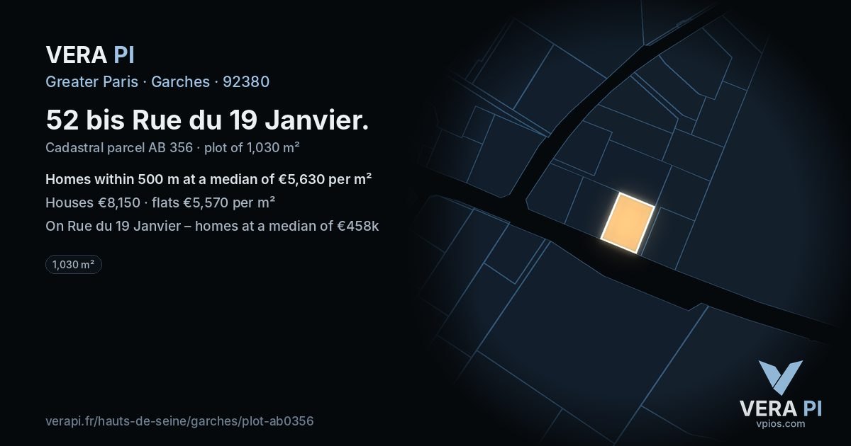 52 bis Rue du 19 Janvier, Garches at night – the plot lit, the parcels around coloured by the prices near them