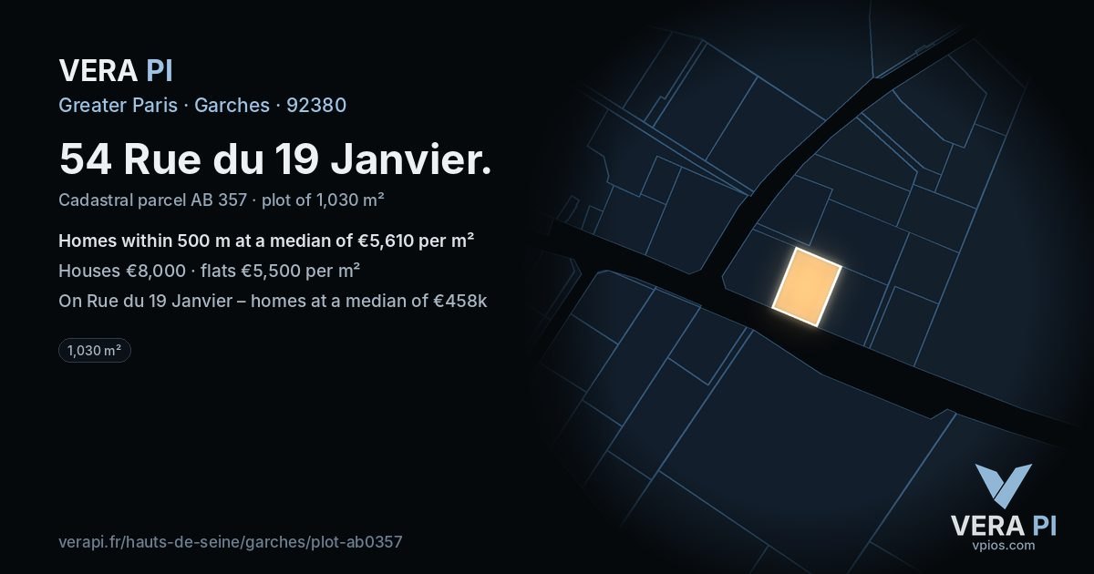 54 Rue du 19 Janvier, Garches at night – the plot lit, the parcels around coloured by the prices near them