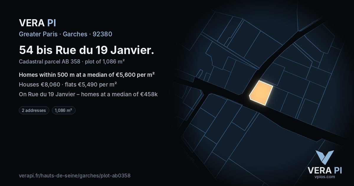 54 bis Rue du 19 Janvier, Garches at night – the plot lit, the parcels around coloured by the prices near them