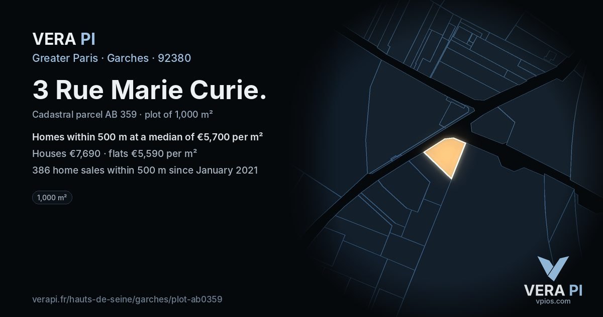 3 Rue Marie Curie, Garches at night – the plot lit, the parcels around coloured by the prices near them