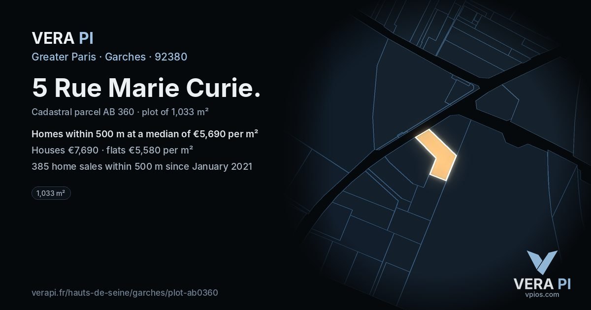 5 Rue Marie Curie, Garches at night – the plot lit, the parcels around coloured by the prices near them