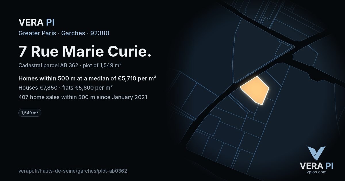7 Rue Marie Curie, Garches at night – the plot lit, the parcels around coloured by the prices near them
