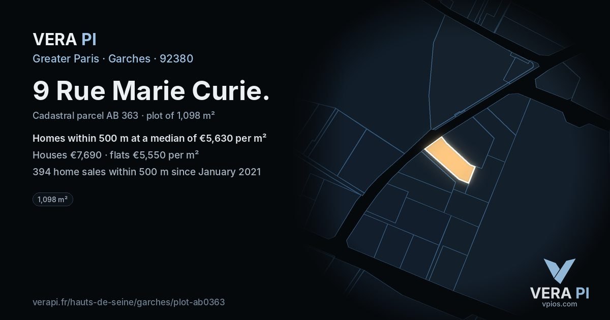 9 Rue Marie Curie, Garches at night – the plot lit, the parcels around coloured by the prices near them