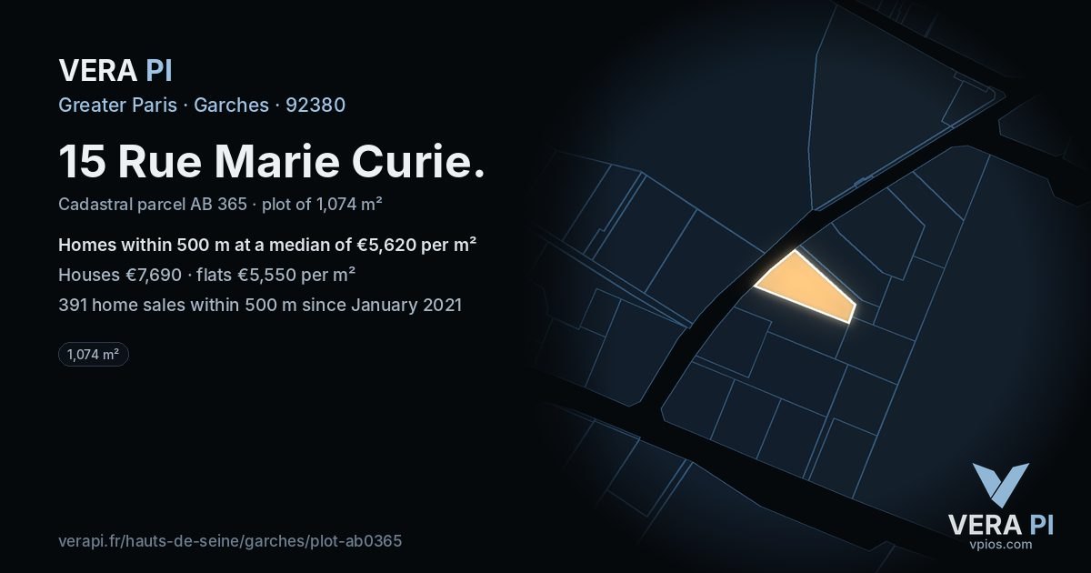 15 Rue Marie Curie, Garches at night – the plot lit, the parcels around coloured by the prices near them
