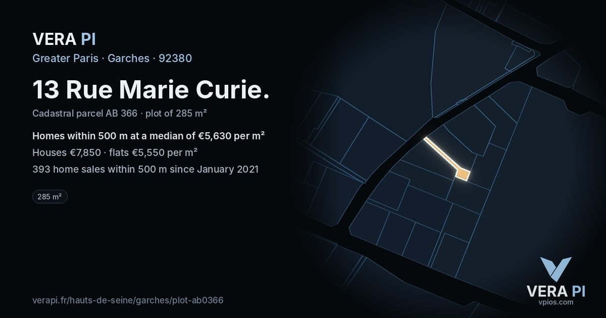 13 Rue Marie Curie, Garches at night – the plot lit, the parcels around coloured by the prices near them