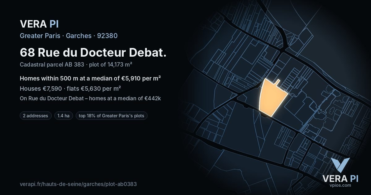 68 Rue du Docteur Debat, Garches at night – the plot lit, the parcels around coloured by the prices near them