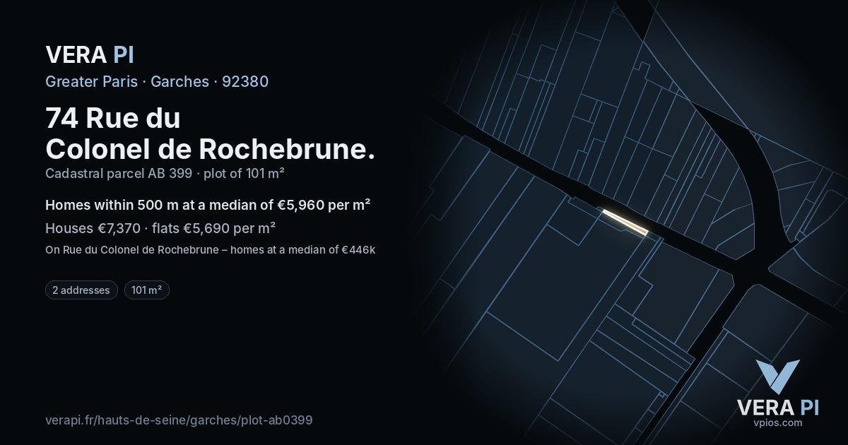 74 Rue du Colonel de Rochebrune, Garches at night – the plot lit, the parcels around coloured by the prices near them