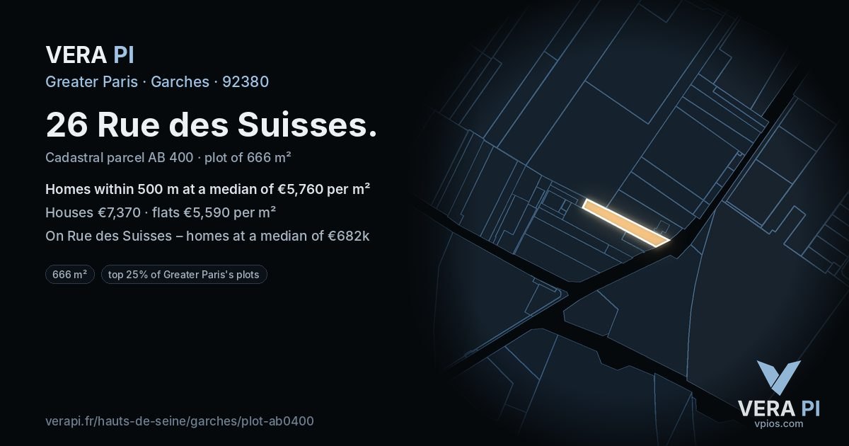 26 Rue des Suisses, Garches at night – the plot lit, the parcels around coloured by the prices near them
