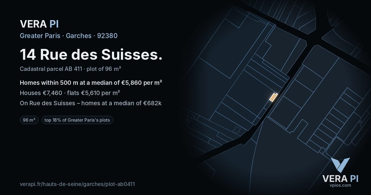14 Rue des Suisses, Garches at night – the plot lit, the parcels around coloured by the prices near them