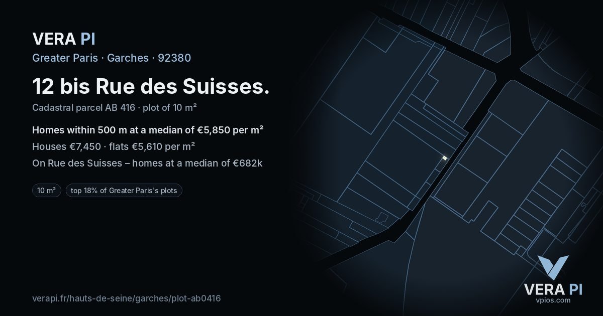 12 bis Rue des Suisses, Garches at night – the plot lit, the parcels around coloured by the prices near them