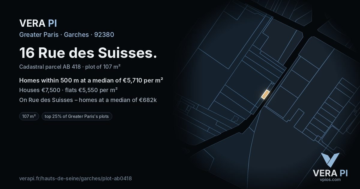 16 Rue des Suisses, Garches at night – the plot lit, the parcels around coloured by the prices near them