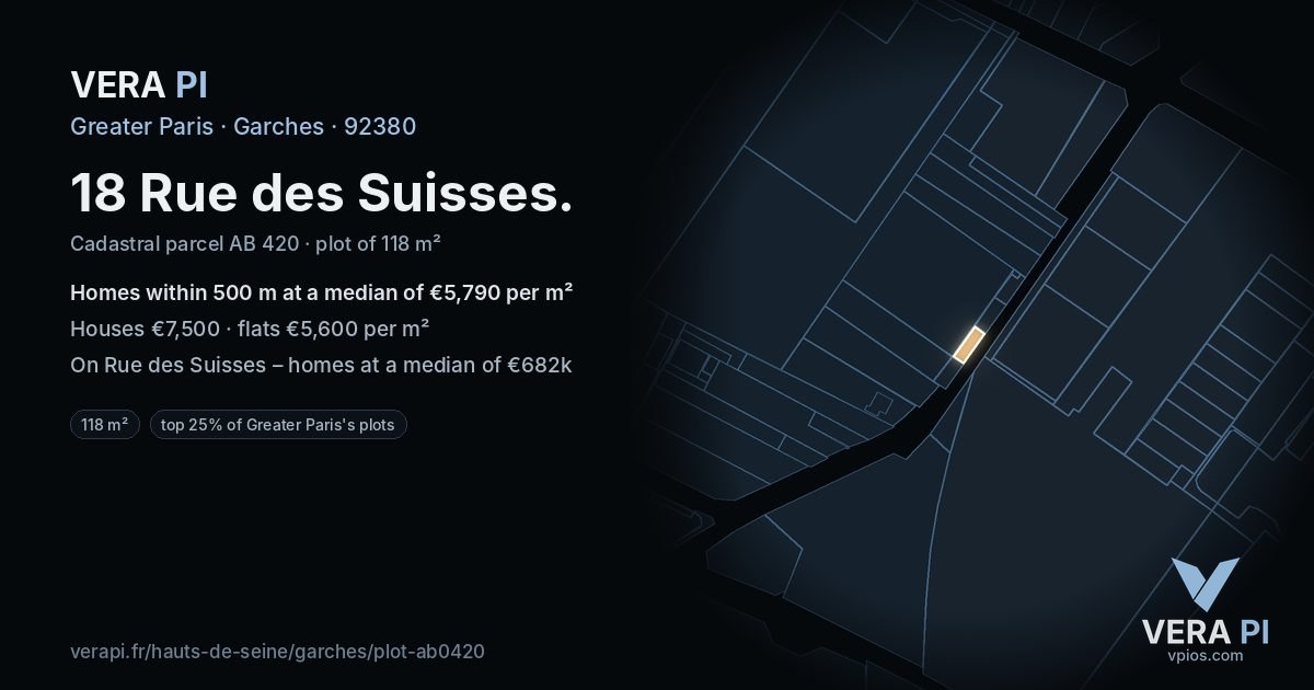 18 Rue des Suisses, Garches at night – the plot lit, the parcels around coloured by the prices near them
