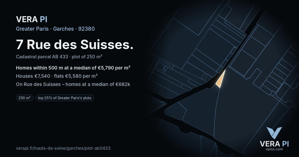 7 Rue des Suisses, Garches at night – the plot lit, the parcels around coloured by the prices near them