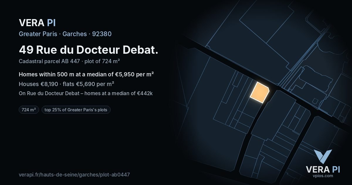 49 Rue du Docteur Debat, Garches at night – the plot lit, the parcels around coloured by the prices near them