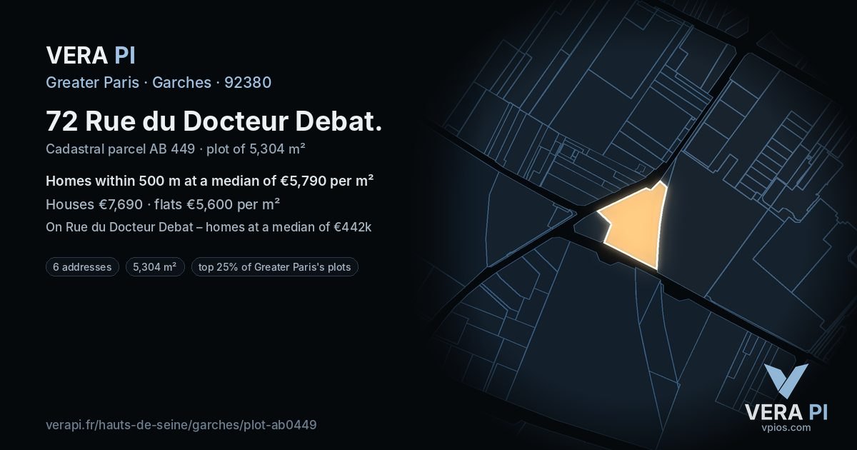 72 Rue du Docteur Debat, Garches at night – the plot lit, the parcels around coloured by the prices near them