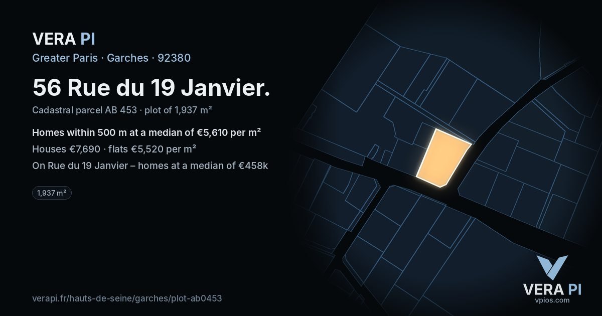 56 Rue du 19 Janvier, Garches at night – the plot lit, the parcels around coloured by the prices near them