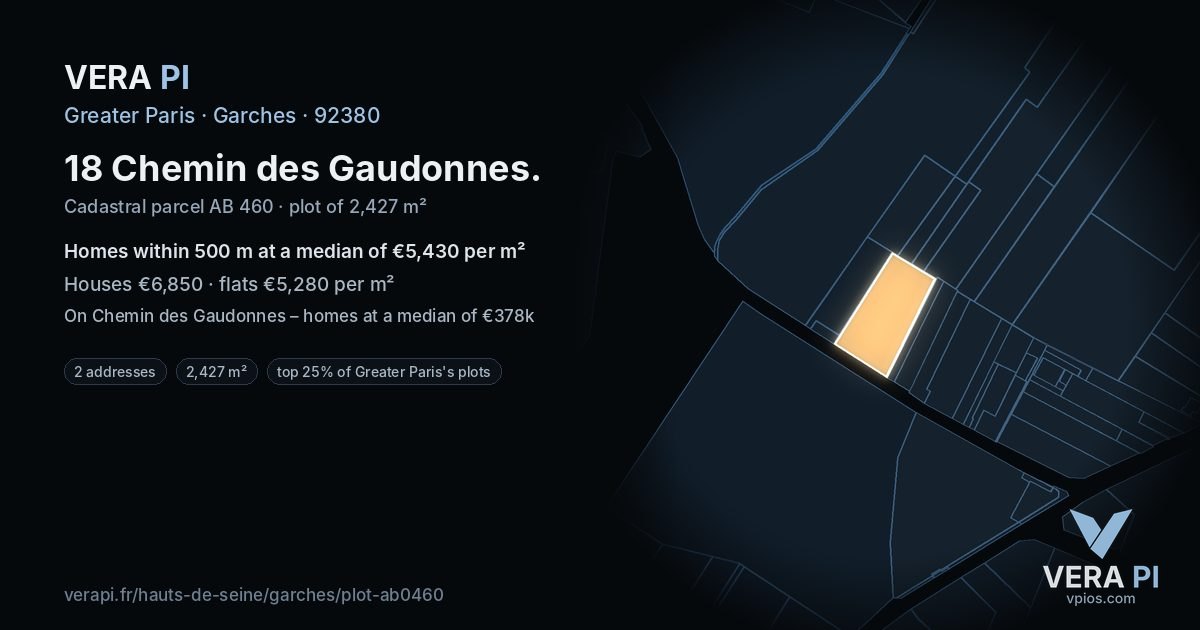 18 Chemin des Gaudonnes, Garches at night – the plot lit, the parcels around coloured by the prices near them