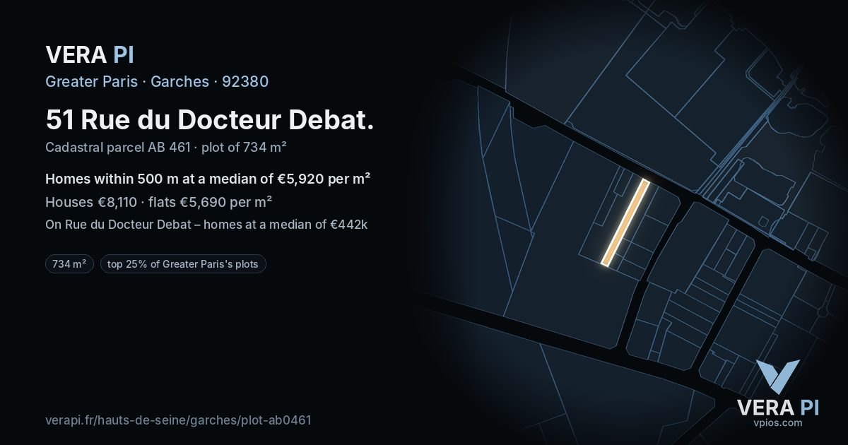 51 Rue du Docteur Debat, Garches at night – the plot lit, the parcels around coloured by the prices near them