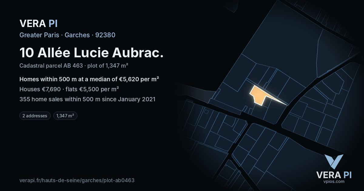 10 Allée Lucie Aubrac, Garches at night – the plot lit, the parcels around coloured by the prices near them